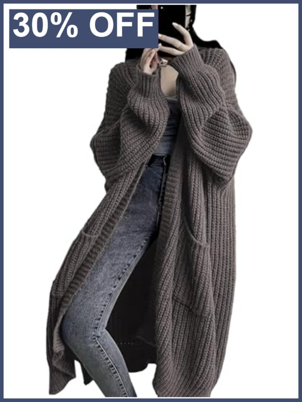 Long Open Front Cable Knit Cardigan Duster with Pockets Oversized